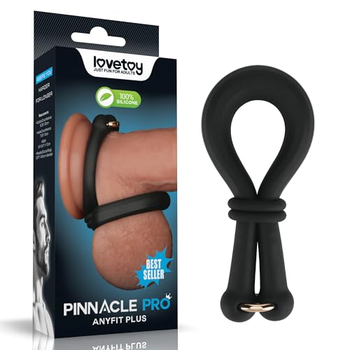 AnyFit Pro Mens Adjustable Silicone Dual Ring Black Cock Ring and Ball Stretcher Sex Toy for Man Body-Safe & Comfortable Design Multi-Functional Erection Enhancer