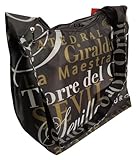 Mit Reißverschluss. Luis Domínguez souvenirs Schwarze Stofftasche verziert mit silbernen und goldenen Texten von Sehenswürdigkeiten in Sevilla., Schwarz