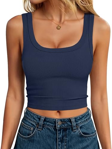 ANRABESS Womens Crop Tank Tops Soft Breathable Ribbed Slim Fit Comfy for Basic Casual Going Out&Daily Wear Medium Navy Blue