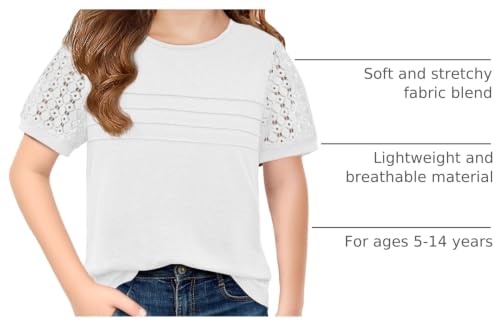 Image of Haloumoning Girls Short Sleeve T Shirts Kids Summer Lace Crewneck Tops Fashion Pleated Tees 5-14 Years