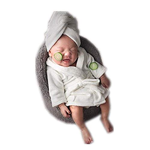 Fashion Cute Newborn Boy Girl Baby Costume Outfits Photography Props Bathrobe Belt Coat Sets (White)