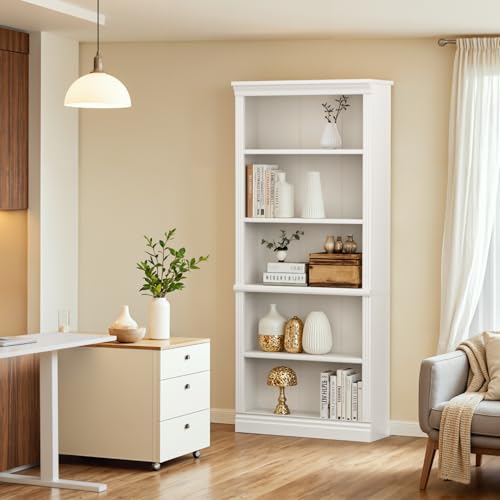 Image of Furniwell Bookcase Bookshelves, 5-Shelf Tall Bookcase 71 inch Wood Open Display Floor Bookshelf, Large Storage Organizer for Library, Bedroom, Living Room (White)
