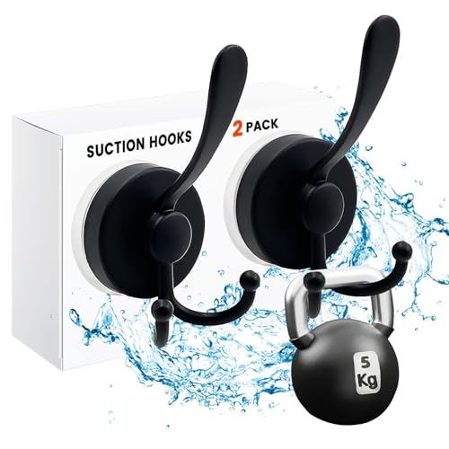 Daily Treasures 2PCS Heavy Duty Stainless Steel Suction Cup Hooks, 5KG Load Capacity Removable Vacuum Hooks for Bathroom Shower Kitchen, 3-Hook Design Reusable Towel Hooks (Black)