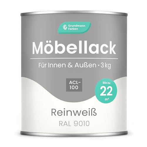 Grundmann Möbellack ACL 100 - Weiss 3 Kg - Lösemittelfrei & Geruchsarm - 4in1 Möbelfarbe inkl. Grundierung - Innen und Außen - Für Holz, Metall & Kunststoff - RAL 9010 Reinweiss