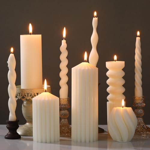 Nuanchu 9 Pcs White Modern Decorative Candles Set 5 Pillar Aesthetic Ribbed Candles 4 Spiral Taper Twisted Candlesticks Scented Smokeless Soy Wax for Wedding Holiday Dinner Home Decorations