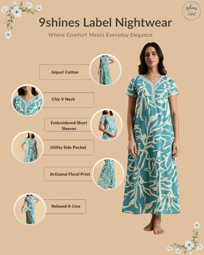 Image of 9shines Label Stylish Pure Cotton Nighty Maxi for Women | Embroidery Neckline Nightgown | A-Line Nightdress with Pocket | Floral Night Gown| Soft Comfortable Cotton Sleepwear (Cotton Yoke)