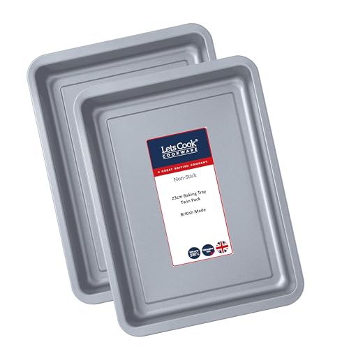 Lets Cook Cookware - 23cm Small Baking Oven Trays, Twin Pack (Set of 2), Double Coated Non Stick, Air Fryer Compatible, British Made