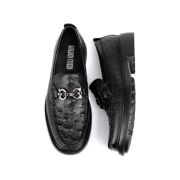 Luxury Men's Genuine Leather Dress Shoes Classic Fashion Ostrich Patterned Business Shoes Party Buckle Penny Loafer for Men, Black - Image 5