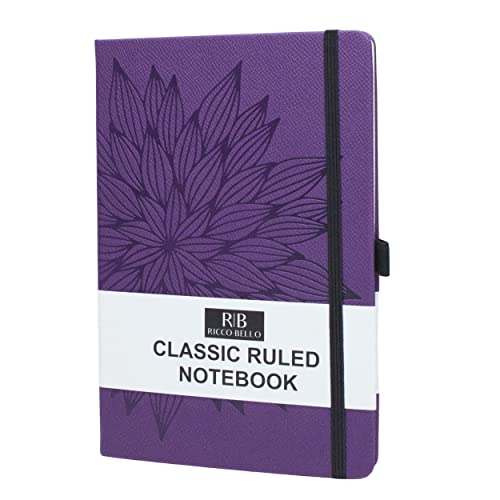 RICCO BELLO College Ruled Hardcover Lined Lay Flat Journal Notebook - Vegan Leather, Elastic Closure, Pen Loop, Bookmark, Inner Pocket, 192 Lined Pages, 5.7 x 8.4 inches (Purple Bloom)