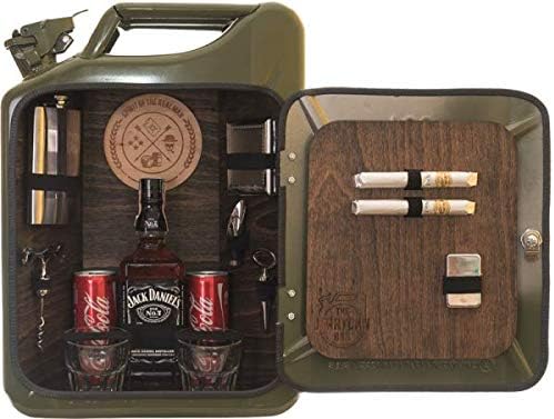 Deggelbam Stainless Steel Green Canister Bar with Beech Wood Inner Cladding, Olive Green, 20x38x50 cm, 6 kg, Includes Lighter, Glasses, Cigarette Case, Bottle Stopper, Bottle Opener