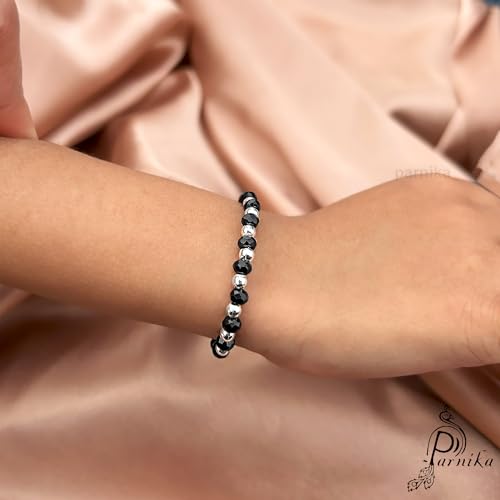 Image of Parnika (Formerly MJ 925 Traditional Silver & Black Crystals Baby Nazariya Kids Silver Bracelet in Pure 92.5 Sterling Silver for Kids - One pair