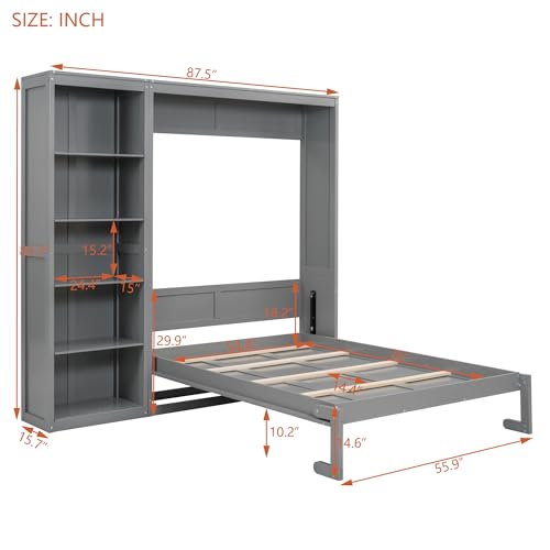 Image of Merax Space-Saving Gray Murphy Bed Full Size with Adjustable Storage Shelves, Multifunctional Foldable Wall Bed for Small Spaces Studio Study Office Guest Room