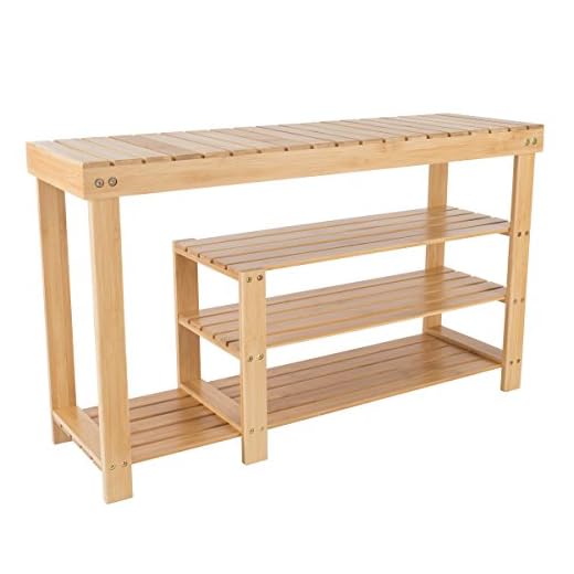 Lavish Home 3-Tier Bamboo Shoe Rack – Mud Room Organization and Storage Bench with Natural Wood Seat for Boots and Sneakers, Brown