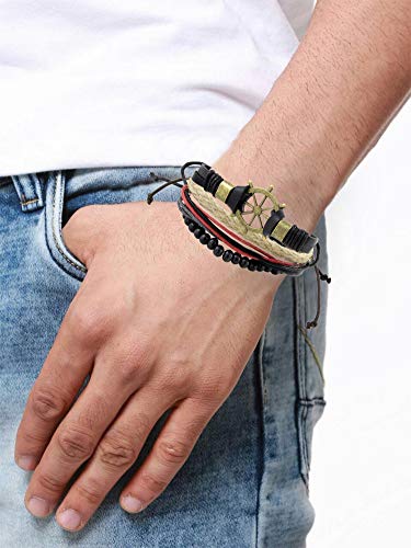 Image of ZIVOM Leather Handcrafted Wood Tibetan Vintage Thread Stackable Multi-strand Wrist Band Bracelet Combo Pack Of 2 Boys Men's