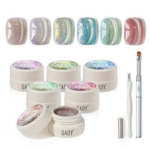 GAOY Sheer Silk Cat Eye Gel Nail Polish Set, 6 Colors Jelly Pink Blue Green Holographic with Magnet, for Salon Manicure & Nail Art DIY at Home, Mermaid Prism 30g