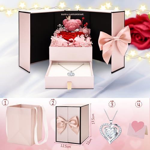 CSYY Konservierte Rosen, Ewige Rose Geschenke für Frauen Rose Reinweiße Herzförmige Halskette Handgefertigte Konservierte Rosen Schmuck Geschenkbox Geschenk für Mama Schwester Ehefrau