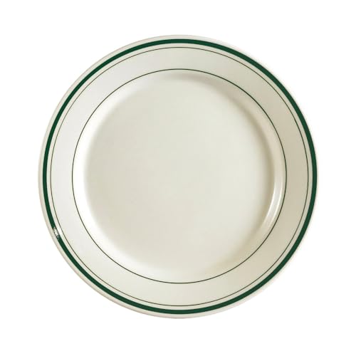 CAC China GS-16 10-1/2-Inch Greenbrier Green Band American Stoneware Round Plate, White, Box of 12