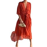 Elegante y elegante vestido largo con cuello en V, vestido de gasa fluido, vestido largo de fiesta de noche para verano, vestido de invitada de boda para mujer, naranja, M