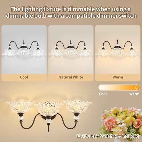 Image of Oil Rubbed Bronze Finish Bathroom Vanity Light, 3-Light Vintage Vanity Light with Floral Clear Glass Shades, Retro Wall Mount Lighting for Bathroom, Dressing Table