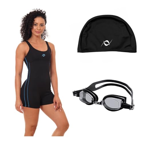 Kit Macaquinho E Touca Helanca Natação Hidroginástica Com Óculos Uv (Preto/Turquesa - Touca Preta, G
