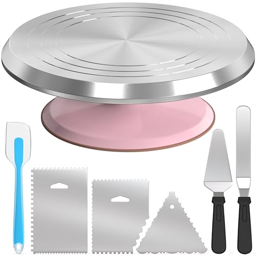 Riccle Rotating Cake Stand – 12' Aluminium Alloy Revolving Cake Turntable | Cake Decorating Kit with Offset Spatula, Icing Smoother Scrapers, Silicone Spatula & Cake Server | Cake Decorating Supplies Set