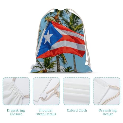 Puerto Rico Flags Frog Palm Trees Drawstring Backpack - Canvas Sports Gym Sackpack, Lightweight String Bag for Beach & Travel4