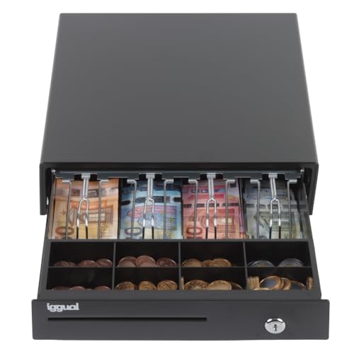Iggual – Cajón Portamonedas IRON-15, Caja Efectivo Registradora Manual o Automática RJ11(12V), Compartimento x4 Billetes y x8 Monedas, Cerradura 3 Posiciones Bloqueo, 37x33,5x8 cm, Carcasa Acero Negro ⭐