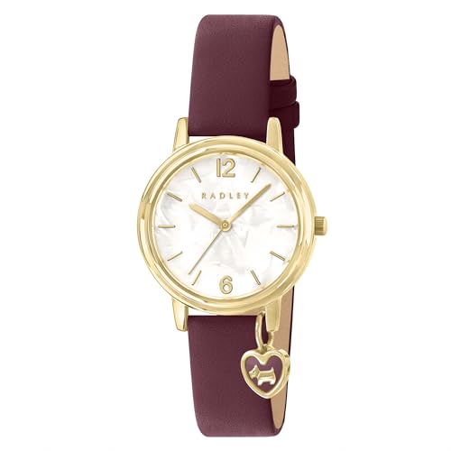 RADLEY Gold Plated Case Heart Charm Dark Cherry Leather Strap Watch RY21916A