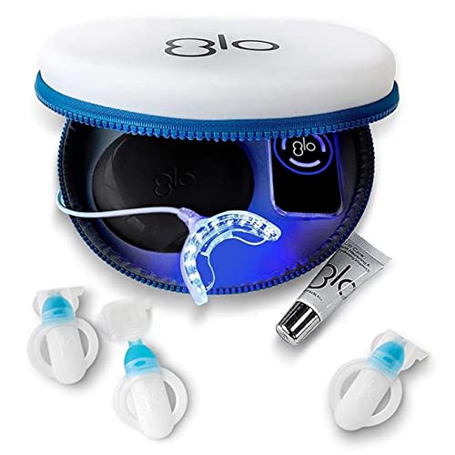 GLO Brilliant Deluxe Teeth Whitening Device Kit with Blue LED Light & Heat Accelerator, Clinically Proven to be Pain-Free and Give Long Lasting Results | Includes 10 Gel Vials & Lip Care