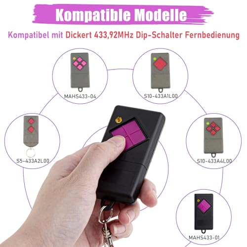 pepape 2 Stück Garagentor Handsender für Dickert MAHS433-01, MAHS433-04, S10-433A1L00, S5-433A2L00, Kompatibel mit Dickert 433.92MHz Dip-Schalter Garagenfernbedienung
