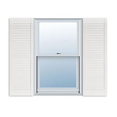 15 Inch x 55 Inch Standard Louver Exterior Vinyl Window Shutters, White (Pair)