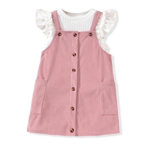 HINTINA 2-7 Years Toddler Girl Butterfly Sleeve Tee Corduroy Button Down Overall Dress Set