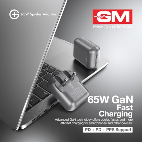Image of GM G+ 65W Spyder GaN Charger | Foldable Indian Pin | Travel Friendly | Compact Dual-Type-C Port | Fast Charging for iPhone, Samsung, Laptop, MacBook Air, MacBook M4 | 1 Year Warrant | Electric Grey