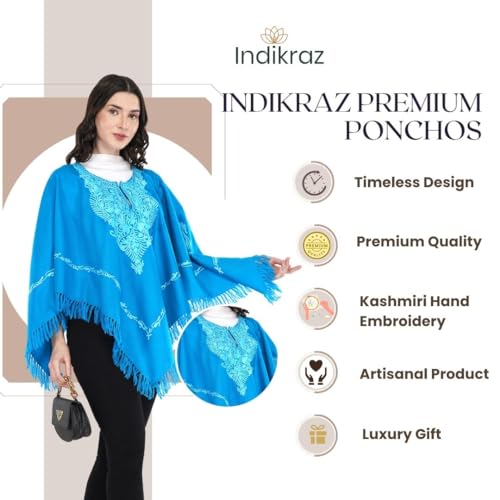 Image of Premium Women's Kashmiri hand embroidery floral woollen poncho Indian cape wrap shrug Free size