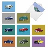 The Best Card Company - 10 Blank Notes Boxed Set (4 x 5.12 Inch) - All Occasion Thnk You Cars Notecards, Just because, Miss You Friendship Bulk Pack for Him, Men - Vintage Vehicles M4182OCB-B1x10-NB