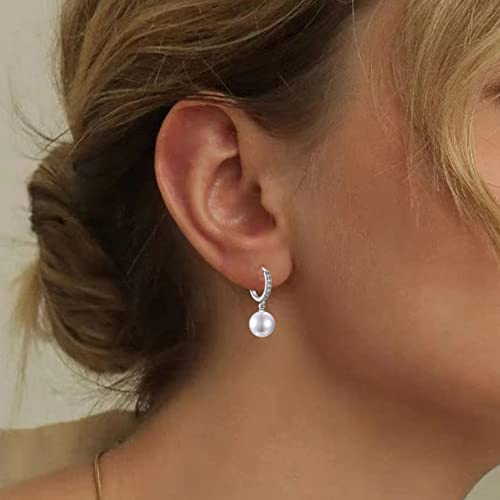 Cerslimo Pearl Drop Earrings For Women Girls | S925 Sterling Silver Post Simulated Shell Pearl Hoop Dangle Earrings, Hypoallergenic Cubic Zirconia Huggies Earrings Bridesmaid Jewelry #TOP2