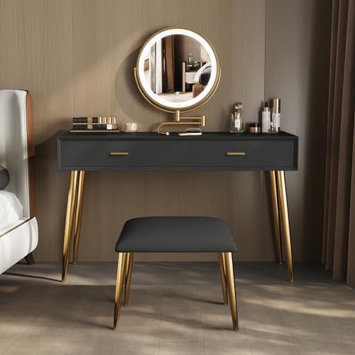 IKuinen Makeup Vanity Desk with Mirror and Lights, Small Vanity Table with 2 Drawers, Stool,Vanity Set for Bedroom with Microfiber Leather, 3 Lighting Modes - 31.5In Black