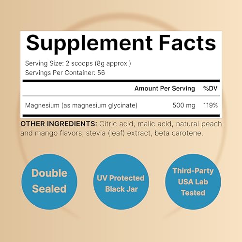 NatureBell Magnesium Glycinate Powder 500mg, 1lb (16oz) | 100% Chelated for High Absorption | Peach Mango Flavor | Supports Muscle, Bone & Heart Health | Sugar-Free, Bitterless, Non-GMO, Vegan - Thumbnail 2