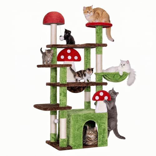IRONCK Mushroom Cat Tree for Indoor Cats 58 Multi-Level Cat Tower with Scratching Posts Anti-Tip Extra Wide Base Plush Cat Condo & Hammock Furniture for Cats Easy Assembly