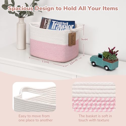 Image of Goodpick Woven Rope Storage Basket for Shelves, Rectangle, Pink & White