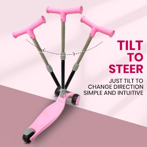 Image of NHR 3-Wheel Kick Scooter for Kids with Adjustable Height, Smart Tilt-to-Steer Balance Control, Heavy Duty PU Wheels & Rear Foot Brake (Pink)