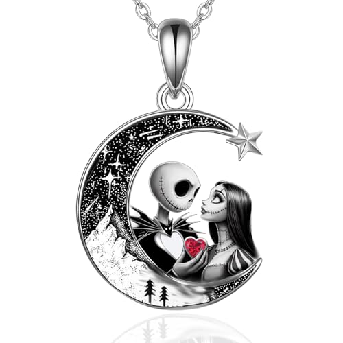 FUSEONG Jack and Sally Necklace 925 Sterling Silver Nightmare Pendant Necklace Black Moon Halloween Jewelry Gifts for Women