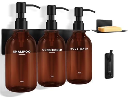 KLL Shampoo and Conditioner Dispenser - Wall Mounted Shower Soap Dispenser - 17oz No-Drill Refillable Plastic Pump Bottles for Bathroom - Includes Soap Dish & Hook (Brown)
