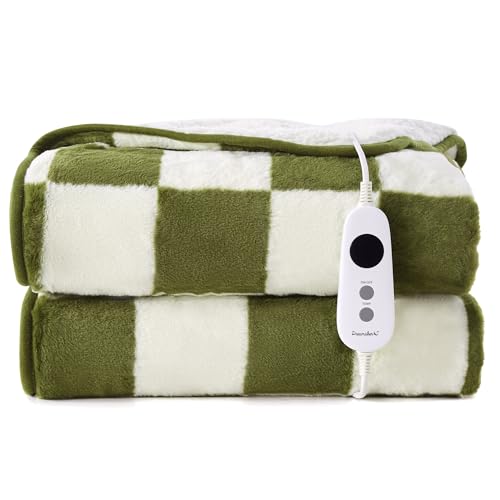 Dreamaker Checkered Plush Fleece Electric Heated Throw Blanket 200x180cm Warm Sherpa Fleece Reversible Rug Energy Efficient Overheat Protection 9 Heat Setting Extra Long Cord Controller- Olive & Cream