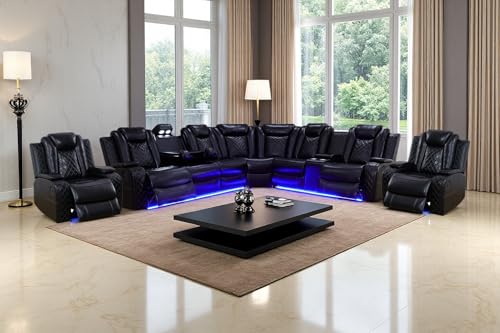 Image of Black Power Reclining Sectional Sofa Set, Living Room Furniture Sets, Leather Recliner Corner Couches and Chair, Power Recliner Sectional with Cup Holder /Storage Console for Living Room
