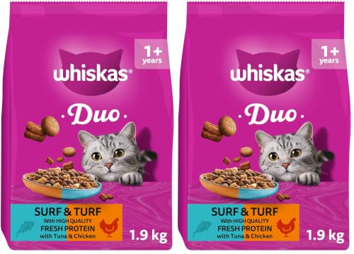 Image of WHISKAS 1+ DUO Surf & Turf Dry Cat Food 1.9kg (Pack of 2)