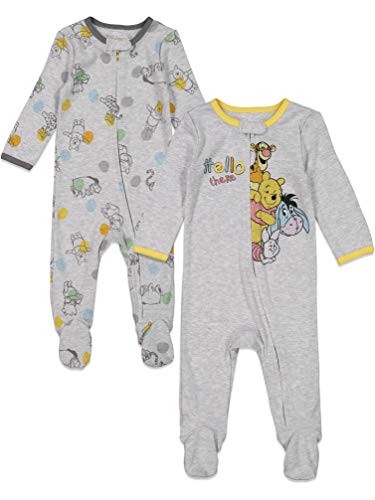 Disney Winnie-The-Pooh Baby Boys Long Sleeve 2 Pack Sleep N' Play Footies 0-3 Months White/Gray