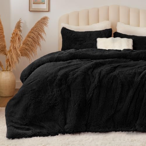 Image of BEDELITE Black Fluffy Comforter Set Queen, Fuzzy Faux Fur Comforter | Warm Fleece Shaggy Bedding for Winter, Soft & Cozy Plush Bed Set with 2 Pillowcases