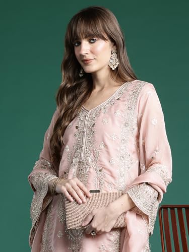 Image of INDO ERA Women's Straight Organza Ethnic Motifs Embroidered Kurta and Pant with Dupatta Set (KH9PH10614)