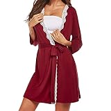 inhzoy Damen Bademantel Morgenmantel Langarm Umstands Stillen Nachthemd Pyjama Saunamantel Robe mit Gürtel für Schwangere Rot D S